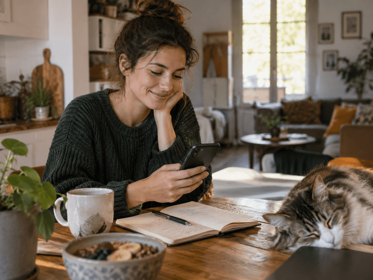 Une femme sourit en regardant son téléphone en écrivant dans son carnet à table, un chat endormi à ses côtés.