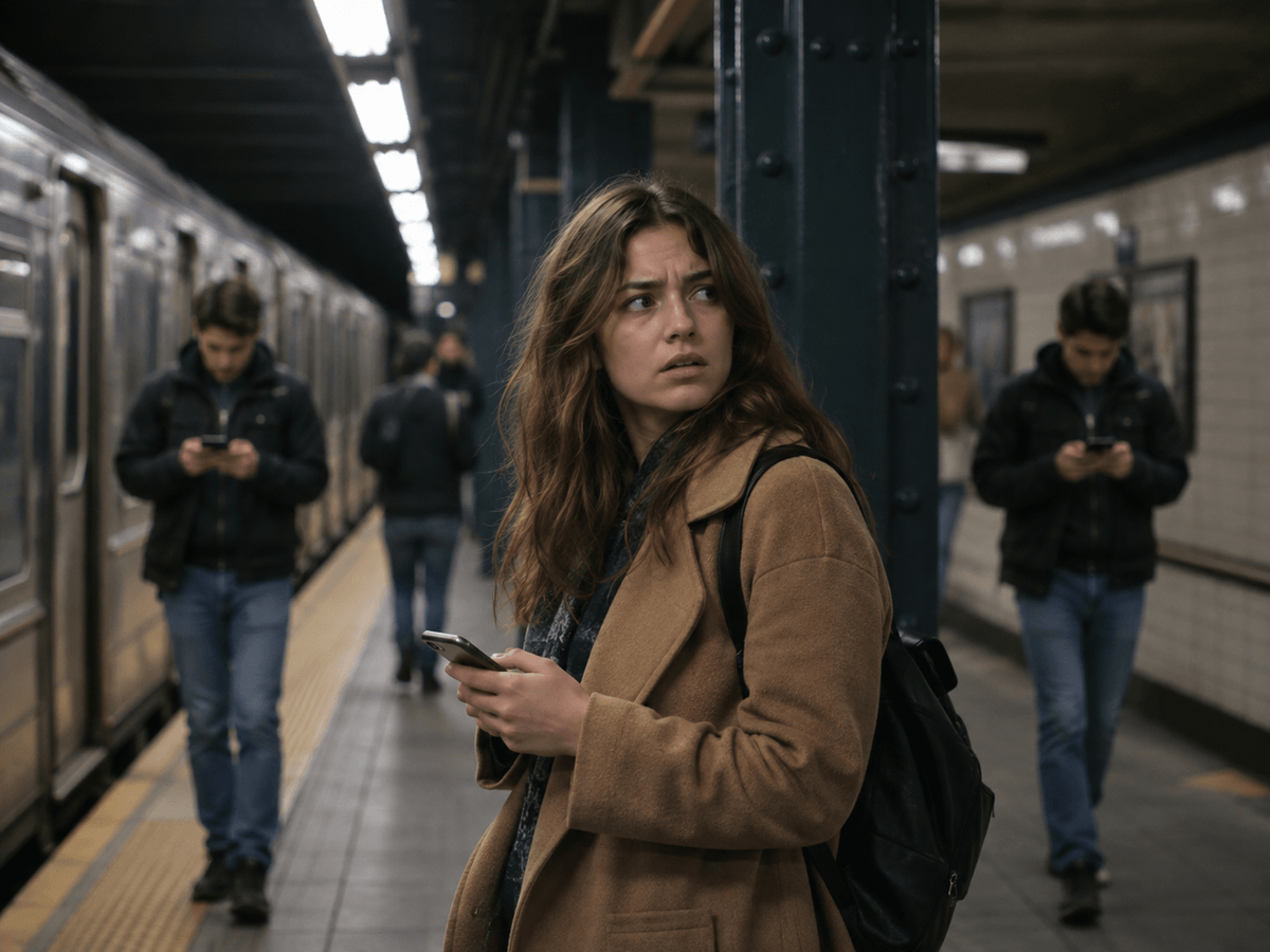 Une femme sur un quai de métro lève les yeux d’un air troublé en tenant son téléphone.