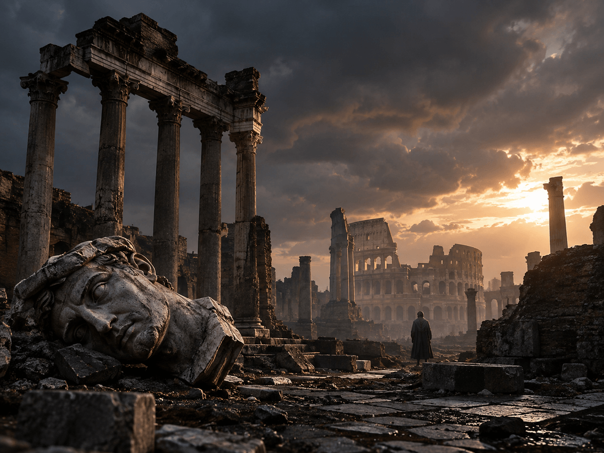 Les ruines du Forum romain au coucher du soleil, avec une tête de statue en marbre tombée au sol et le Colisée à l’arrière-plan.
