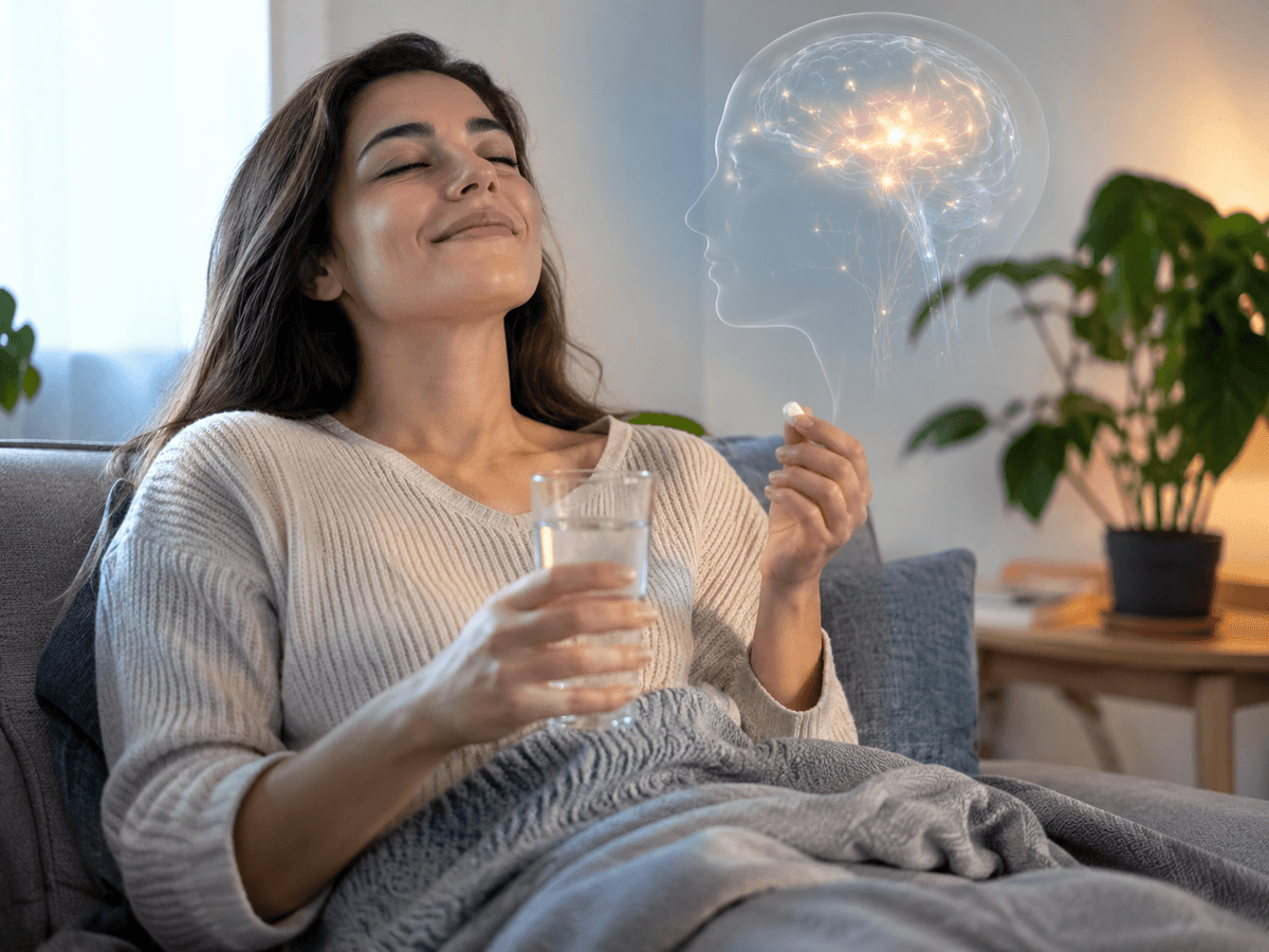 Une femme se détend sur un canapé, un comprimé et un verre d’eau à la main, avec une illustration lumineuse d’un cerveau au-dessus de sa tête.