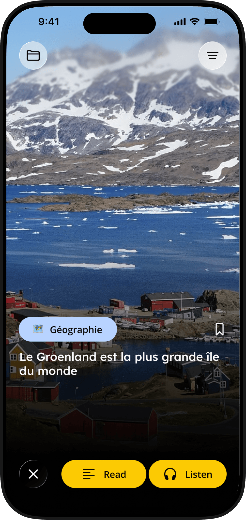 Écran de l’app GenK : un learning Géographie, « Le Groenland est la plus grande île du monde », avec les boutons pour lire ou écouter