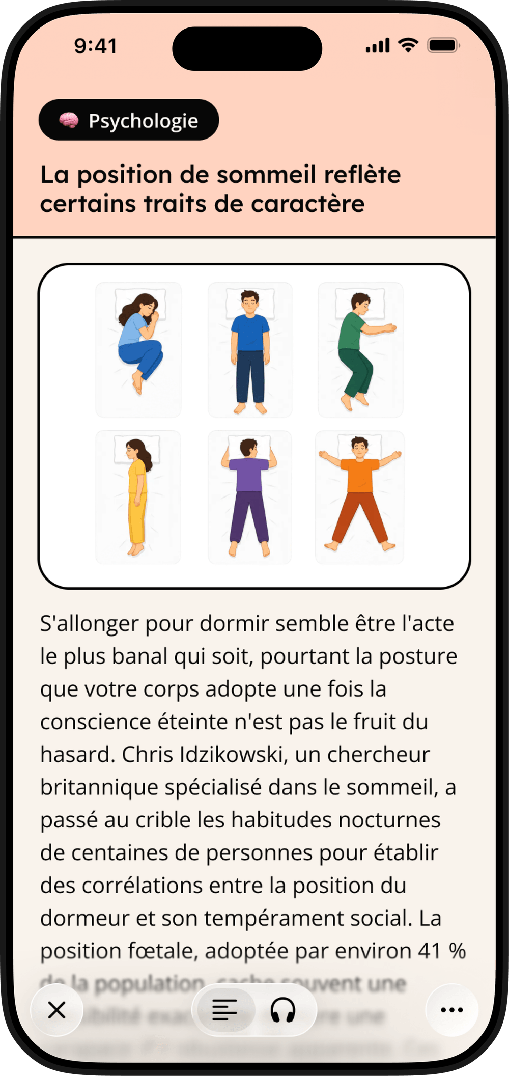 Écran de l’app GenK : un learning Psychologie, « La position de sommeil reflète certains traits de caractère », illustré de six positions de sommeil