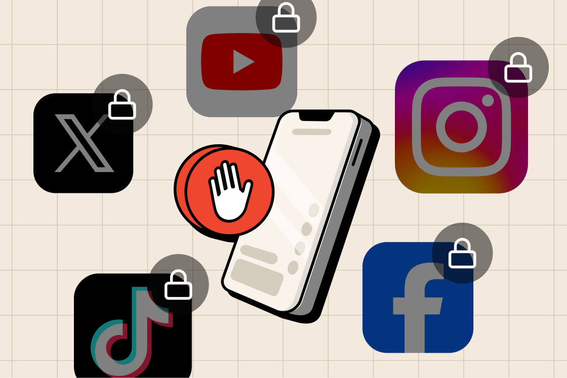 A phone with a stop hand, surrounded by locked YouTube, Instagram, TikTok, Facebook and X icons