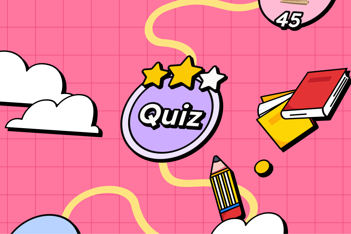Quiz badge with three stars, surrounded by books, a pencil and clouds